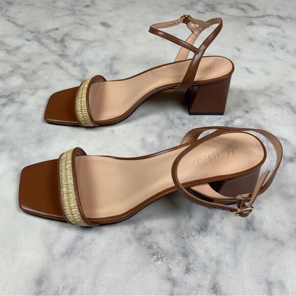 J. Crew Layne Cognac Brown Leather + Raffia Square Toe Block Heel Sandals - Picture 5 of 10